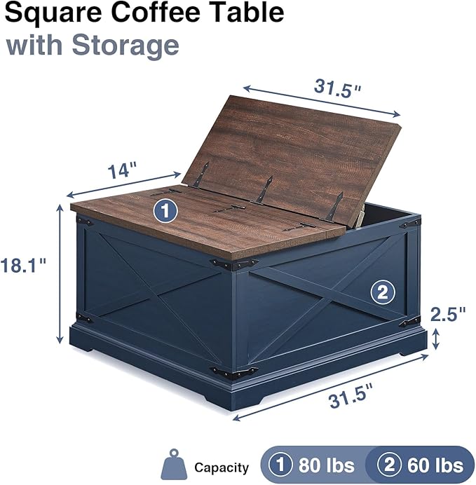 Farmhouse Square Coffee Table with Storage, Wood Center Table with Hinged Lift Top, Rustic Cocktail Table with Large Hidden Storage Compartment for Living Room, Bedroom,Blue