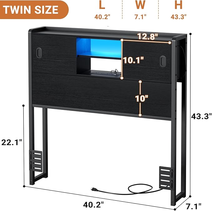 Homieasy Headboard for Twin Size Bed with Storage, Sturdy Bookcase Headboards with Outlet, USB & LED Light, Twin Size Headboard Only, Head Board with Sliding Doors & Bed Adapter for Bedroom, Black