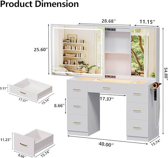 Glass Top Vanity Desk with Large Mirror and LED Lights,White Vanity with 2 Hidden Storage Mirror Cabinets,Dressing Table with Power Outlet&7 Drawers for Women/Girls,Makeup Organizer Countertop