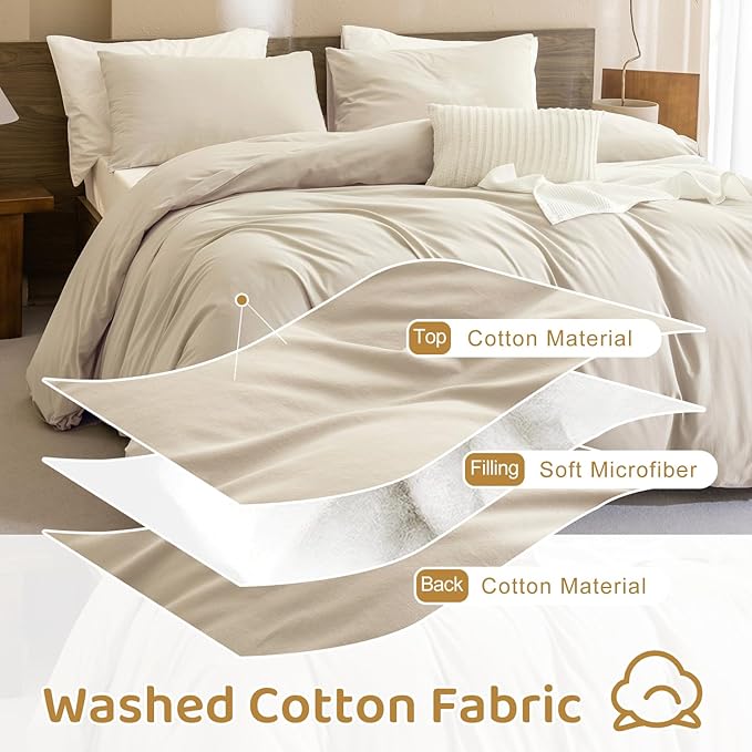 Sanracie Cotton Comforter King Size,Solid Color Bedding Comforter Set Linen Feel Textured 3 Pieces(1 Wheat Bed Comforter + 2 Pillowcases) Soft Lightweight Neutral King Bedding All Season