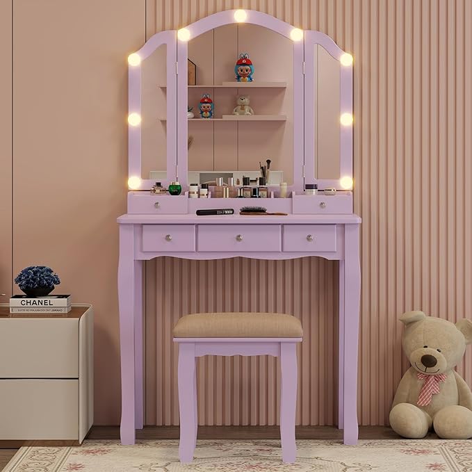 Purple Vanity Desk with Mirror and Lights Purple Vanity for Girls Makeup Vanity Desk with Lights Vanity Table with Lighted Mirror Make Up Vanity Desk with Drawers and Chair Set
