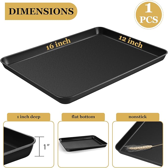 E-far 16x12 Inch Baking Sheet, Non-stick Cookie Sheet Pan for Oven Baking Cooking Roasting, Carbon Steel Tray Metal Bakeware for Jelly Roll Steak, Non-toxic & Warp Resistant, Easy Clean