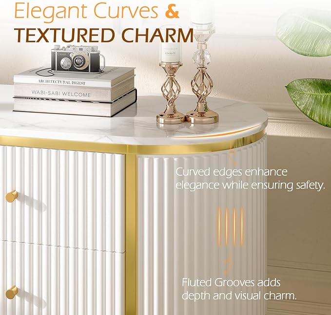 Luxury 70" Fluted TV Stand for TVs Up to 75", Modern Entertainment Center with Faux Marble Top, Media Console with Curved Profile Design, Television Stands for Living Room, White