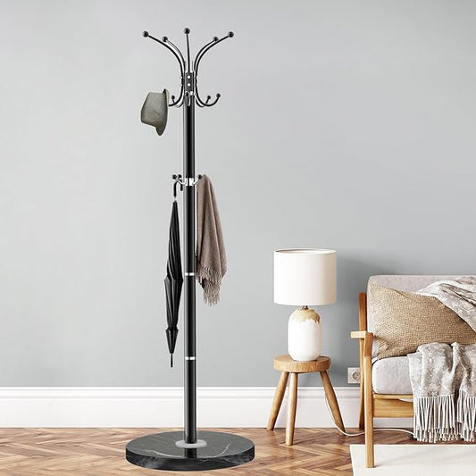 ZOZOE Metal Coat Rack Stand, Modern Coat Rack Freestanding with Natural Marble Base, 360° Rotary Design Coat Racks with 14 Hooks, Coat Tree Hanger Stand for Bags, Hats, Entryway, Office