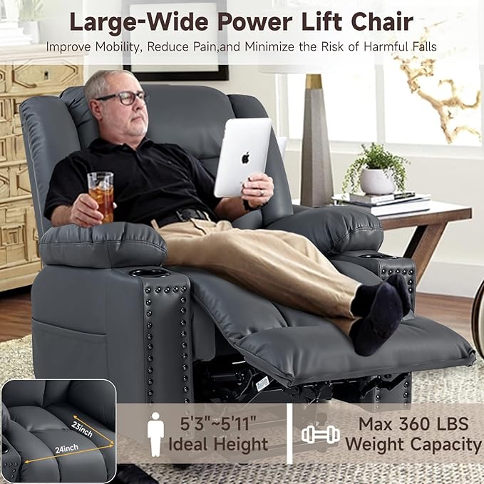 Large Power Lift Chairs Recliners for Elderly with Heated and Massage, Overstuffed Adjustable Lift Chairs, 3 Positions, Breathable Leather, USB-A and USB-C, Cup Holder, Side Pocket, Grey