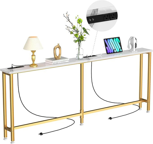 70Inch Console Table with Outlet, Sofa Table with Charger,Skinny Hallway Table, Narrow Entryway Table,Table Behind Sofa,for Living Room,Gold & White