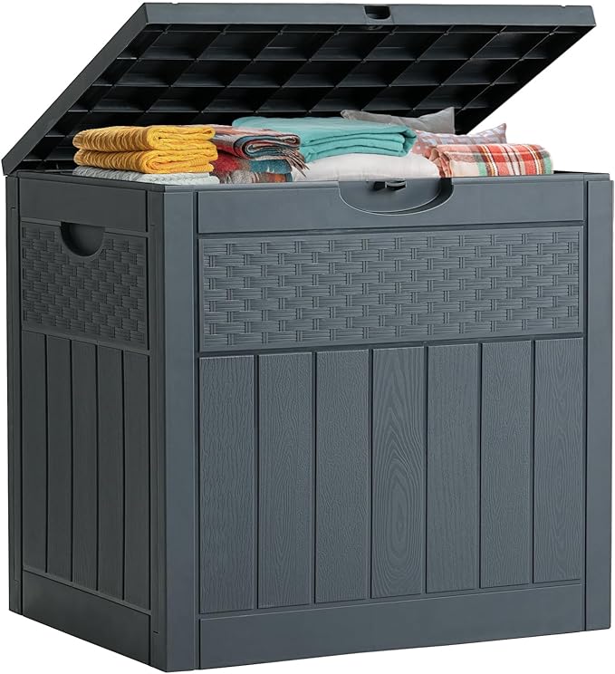 33 Gallon Resin Deck Box, Weatherproof Outdoor Storage Box for Patio, Garden, Pool, and Yard, Lockable Waterproof Bin for Tools, Cushions, and Accessories, Grey