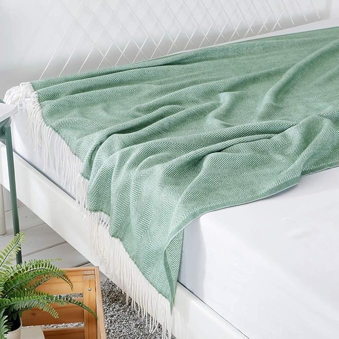 BOURINA Herringbone Tone Throw Blanket Faux Cashmere Fringe Soft Lightweight Cozy for Bed Couch Decorative Throws Blanket, Green, 50" x 60"