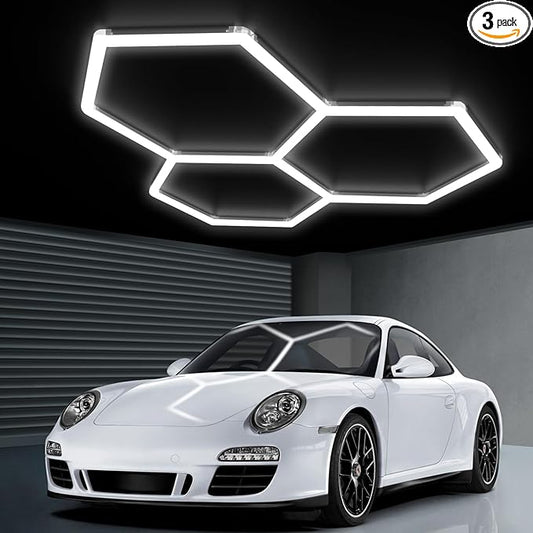 Hexagon Garage Lights 105W 12600LM, 6500K Ultra-Bright Hexagon LED Lights for Garage, 3 Grid Systems Honeycomb Hex Light for Workshop, Basement, Car Detailing, Gaming Room