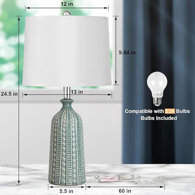 Green Ceramic Table Lamp 24.5": 3-Way Dimmable Nightstand Lamp with White Drum Lamp Shade | Modern Bedside Lamp for Bedrooms & Living Room (Bulb Included)