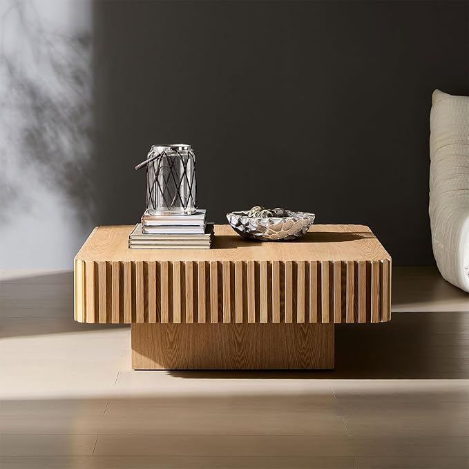 Square Coffee Table for Living Room, Accent Fluted Coffee Table with Storage, Modern Solid Wood Veneered Large Center Tea Table for Small Space Apartment (35.4''D×16''H-Natural)
