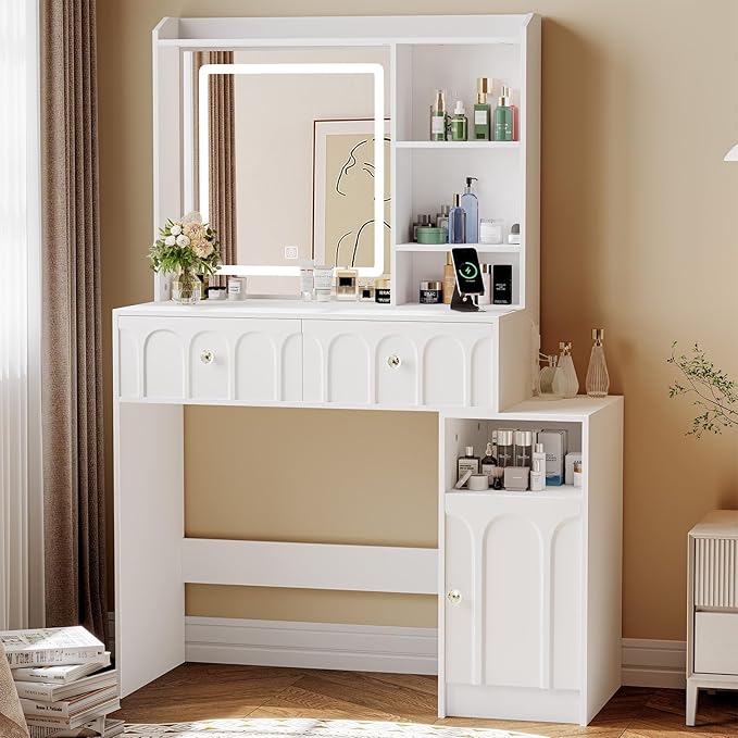 Vanity Desk with Mirror and Lights, Makeup Desk with 2 Drawers & Adjustable Shelves, Dressing Table with Charging Station for Bedroom. 3 Adjustable Light Modes