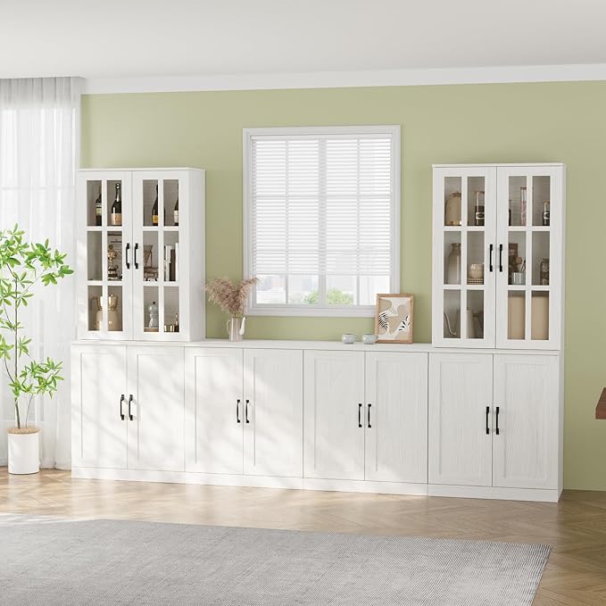 VOWNER 95" TV Stand for TVs up to 75", 4-Piece TV Hutch with Cabinets, Entertainment Center with Bookshelves, Modular TV Console for Living Room, 2D+2H (White)