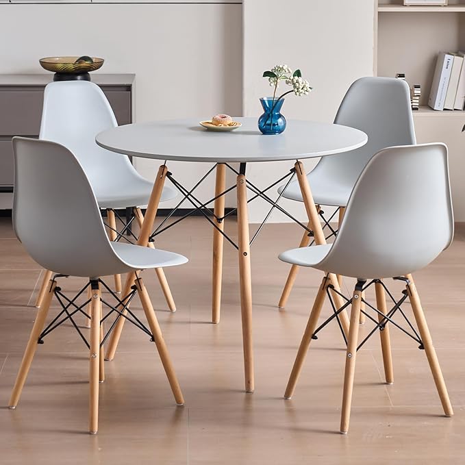 35.5'' 5 Piece Round Dining Table Set for 4, Mid-Century Modern Table with Chairs, Space Saving, Plastic Seats, Wood Legs, Circle Dinner Table for Kitchen, Home, Apartment, Gray