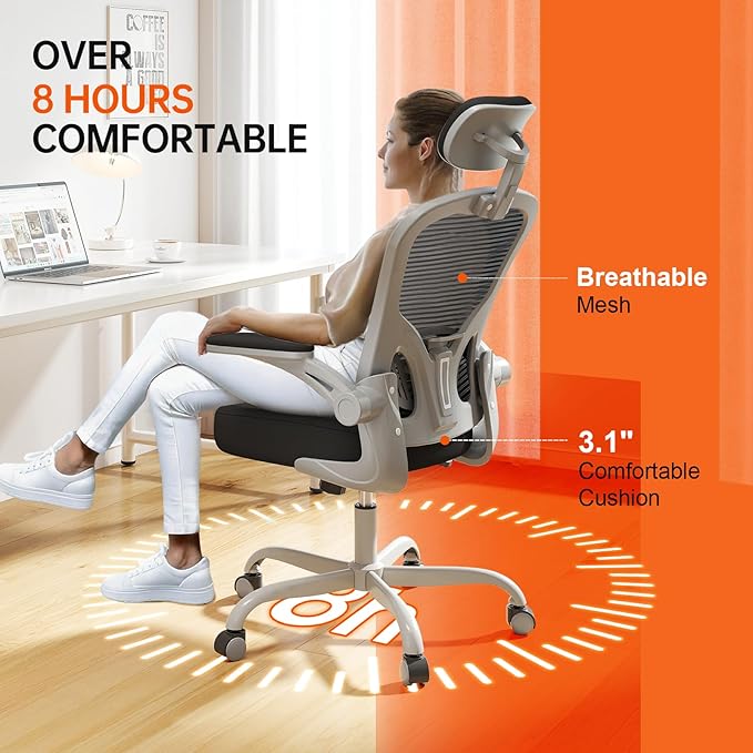Office Chair Ergonomic Desk Chair, 330LBS Capacity, High Back Computer Chair for Long Hours Comfortable, Rolling Swivel Chair for Home Office, Flip-up Armrests（Grey Black）