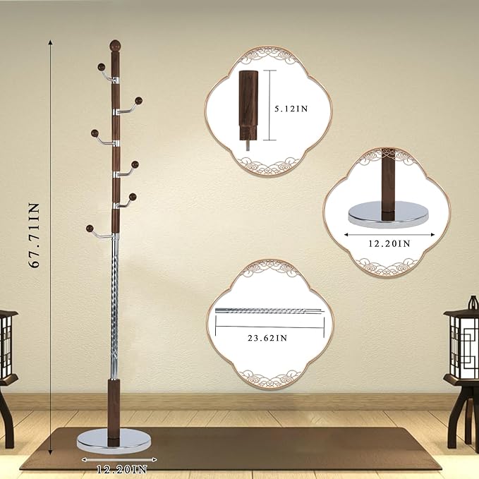 Coat Rack Freestanding, Wooden Tree Coat Rack Stand with 3 Adjustable Sizes Coat Tree and 14 Hooks, Sturdy Hall Tree with Solid Round Base for Entryway, Hallway,Bedroom (Walnut Metal)