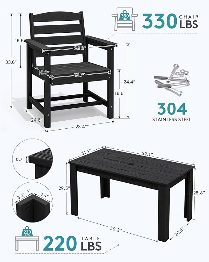 SERWALL HDPE Dining Set for 6, Outdoor Dining Sets for 6 Person with 1 Umbrella Hole Cut-Out Rectangular Table and 6 Chairs, Patio Dining Sets for Garden, Backyard, Poolside, Black