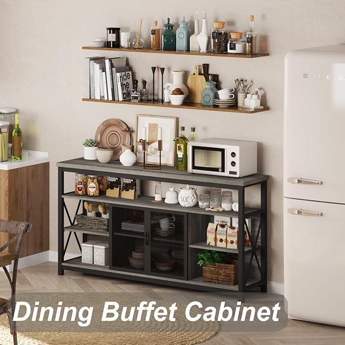 BON AUGURE Tall TV Stand for TVs up to 65 Inch, Industrial Entertainment Center with Storage Cabinet, Rustic Wood Media Console Table for Living Room and Bedroom (32 Inch High, Grey Oak)