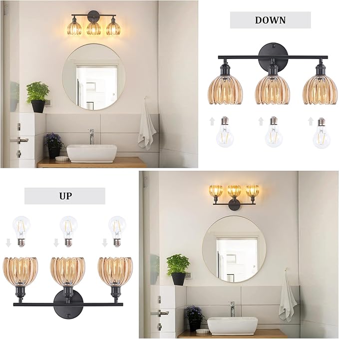 Bathroom Light Fixtures, 3-Light Black Vanity Wall Light Over Mirror with Amber Tulip Glass Shade for Bedroom Living Room