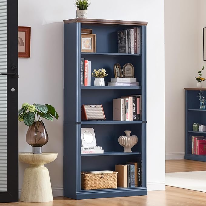 70" Blue Tall Bookshelf,5-Tier Thick Wooden Book Shelf with Adjustable Shelves,Free Standing Farmhouse Bookcase with Open Display Storage,Floor Vintage Bookshelves for Living Room,Office