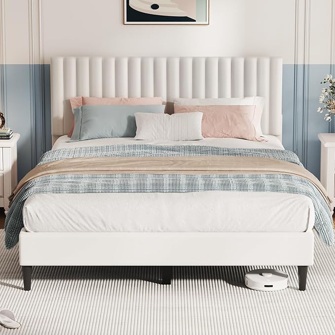 Casaottima Queen Bed Frame, Velvet Upholstered Platform Bed with Headboard, Strong Wooden Slats Support, Noise-Free Mattress Foundation, No Box Spring Needed, Easy Assembly,Vertical Stripe Cream White
