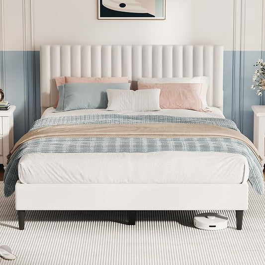 Casaottima Queen Bed Frame, Velvet Upholstered Platform Bed with Headboard, Strong Wooden Slats Support, Noise-Free Mattress Foundation, No Box Spring Needed, Easy Assembly,Vertical Stripe Cream White