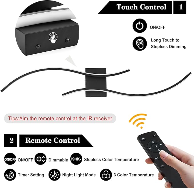 Battery Operated Wall Sconces with Remote Control, Stepless Colors 3000K-6000K & Dimming, LED Black Wireless Wall Light for Living Room, Hallway, Bedroom, 39.3 Inch (1 Pack)