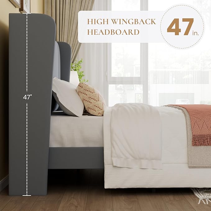 SHA CERLIN Queen Size Velvet Upholstered Platform Bed Frame with Vertical Channel Tufted Wingback Headboard, Wooden Slats Support, Easy Assembly, Under Bed Storage, No Box Spring Required, Grey