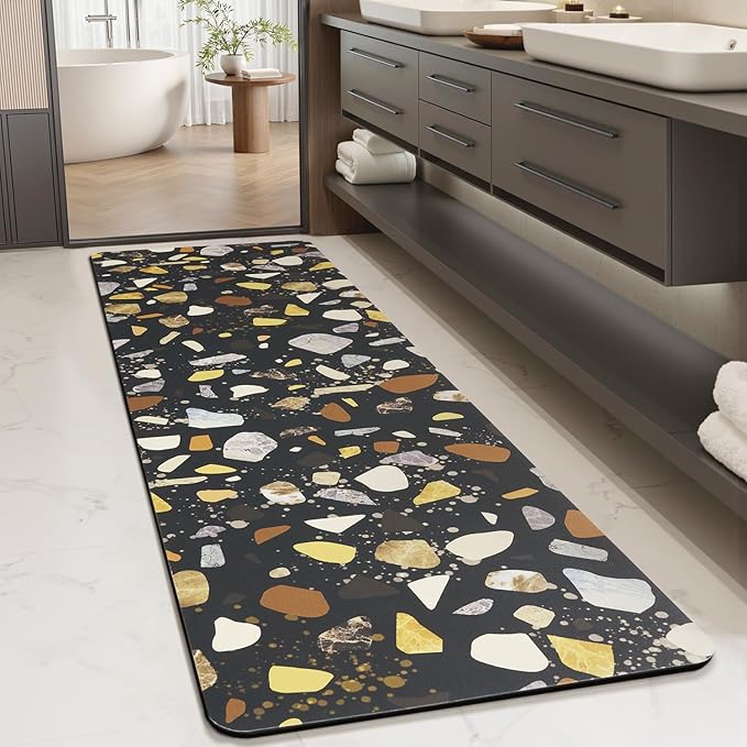 MontVoo -Bath Mat-Non Slip Thin Bathroom Rugs Fit Under Door- Quick Dry Absorbent Faux Suede Surface Grey Bathroom Floor Mats-Shower Rug for in Front of Bathtub Shower Black & Multi Color 17x59