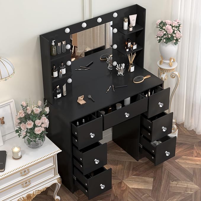 JBLCC Black Vanity Desk with Mirror and Lights, 39.4''W Makeup Vanity with 3-Color Lighted Mirror, 7 Drawers & Open Shelves, Big Vanity Table for Bedroom, Girls & Women
