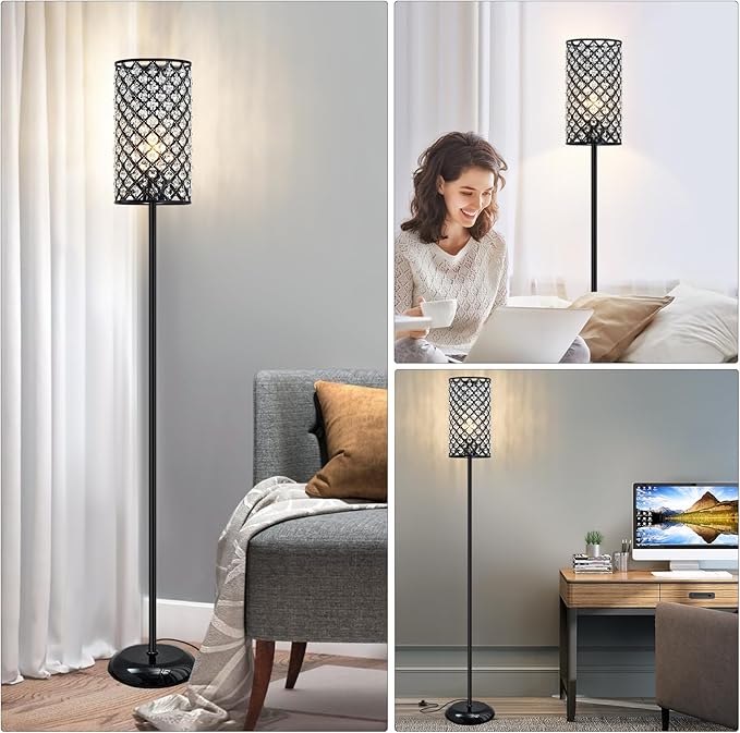 Crystal Floor Lamp, Modern Standing Lamp with Elegant Shade Black Floor Lamp with On/Off Foot Switch,Tall Pole Accent Lighting for Living Room, Girl Bedroom, Dresser, Office