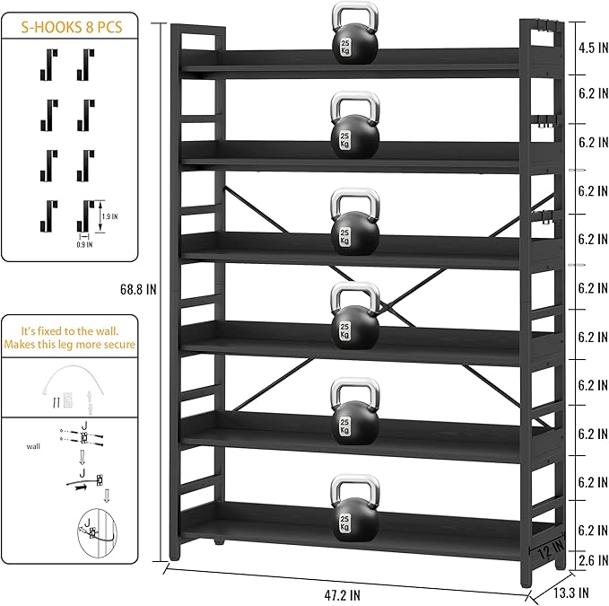 HCHQHS 6 Tier Bookshelf, Adjustable Industrial Bookcase, Vertical Tall Book Shelf, Wood and Black Metal Open Bookshelves for Home Office, Living Room, Bedroom