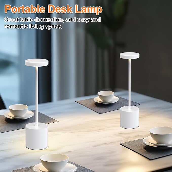 Rechargeable Table Lamp – 2 Pack Touch Lamps, Cordless Desk Lamp, 5000mAh Battery Operated Lamp with 3-Color Dimmable Light, Portable LED Lamp for Bedroom, Dining Room, Patio, Outdoor (White)