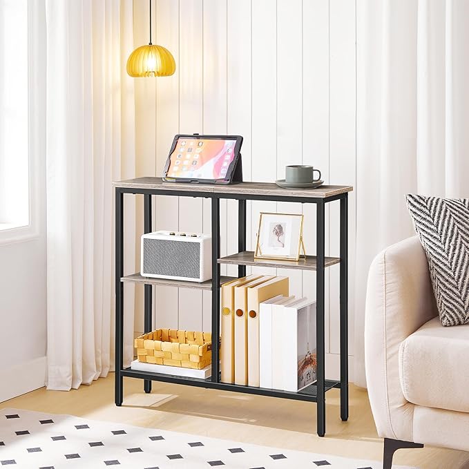 HOOBRO Narrow Console Table, Sofa Table, 4-Tier Industrial Hallway Table with Metal Mesh Shelf, Entryway Table with Adjustable Feet, for Entryway, Living Room, Hallway, Greige and Black BG79XG01
