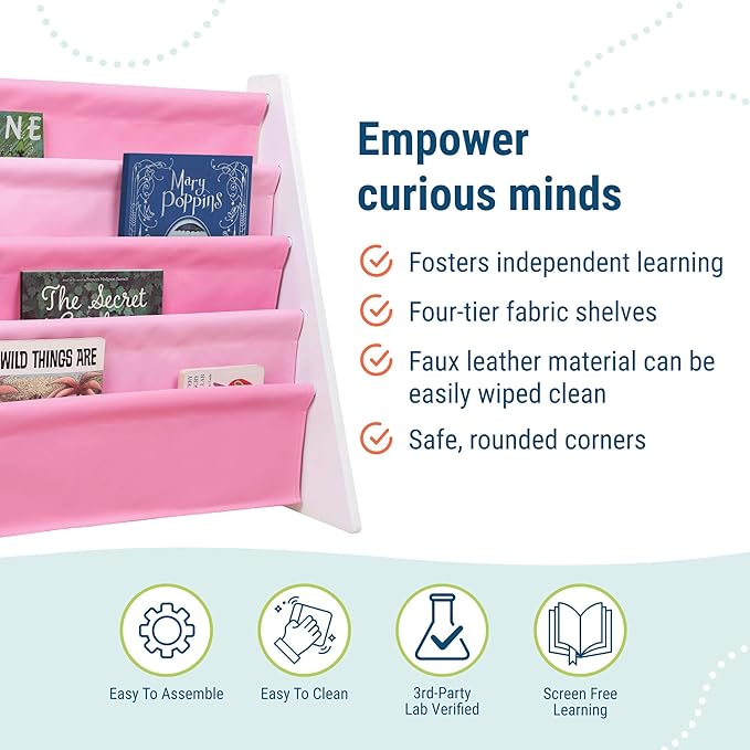 Wildkin Vegan Leather Sling Bookshelf for Kids – Premium Easy Clean Sling Canvas Design with 4 Fabric Shelves, Organizer for Home or Classroom - White w/Multi-Pink