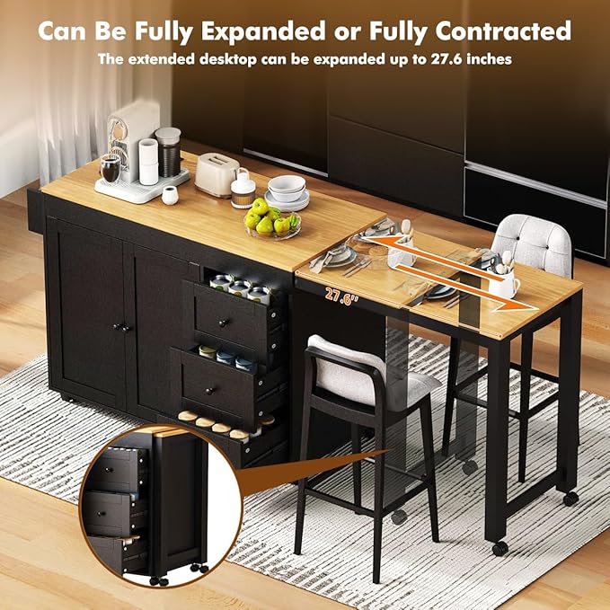 74.8" Rolling Kitchen Island with Extendable Dining Table, Kitchen Storage Cart with 3 Drawers and Power Outlet, Mobile Island Table with Spice Rack and Double-Door Cabinet (Black)