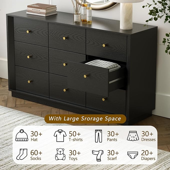 9 Drawer Dresser, Mid Century Modern Dresser with Storage, 55" Wide Chest of Drawers with Wood Grain Texture, Drawers Organizer for Bedroom, Living Room, Hallway, Black