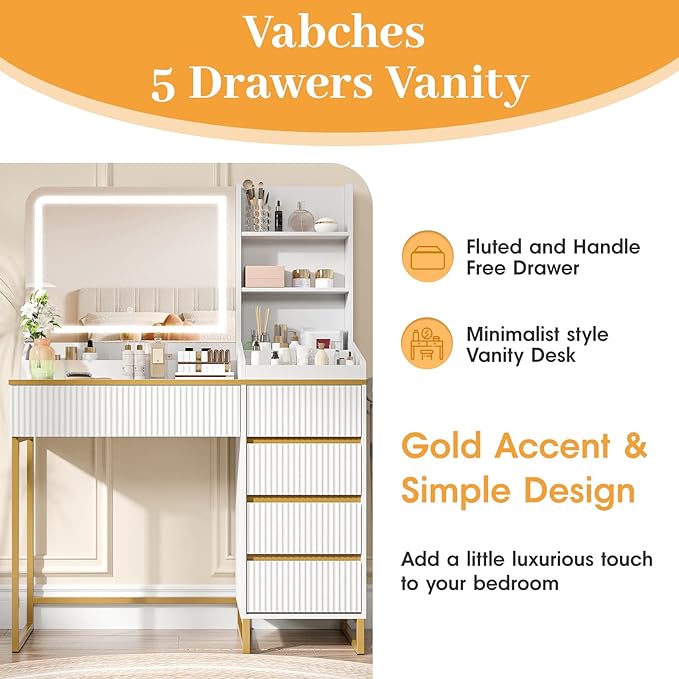 Vabches Makeup Vanity with Mirror and Lights, White and Gold Vanity Desk with 5 Drawers and Charging Station, Vanity Table for Bedroom