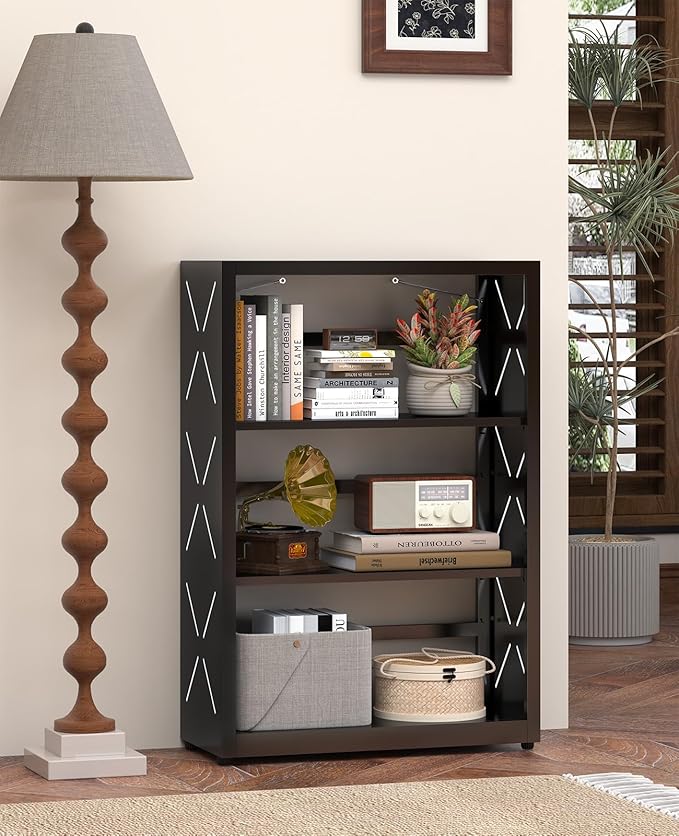 Metal Book Shelf, 3-Tier Adjustable Bookcase with Anti-Tip Kit & Leveling Feet, Heavy-Duty Metal Storage Organizer, Modern Corner Shelves for Bedroom, Garage, Home Office