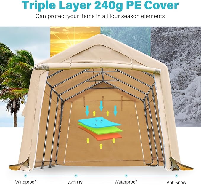 ADVANCE OUTDOOR Heavy Duty 10X20 ft Carport Outdoor Patio Portable Canopy Storage Shelter Shed with 2 Rolled up Zipper Doors & Vents for Snowmobile Garden Tools, Beige