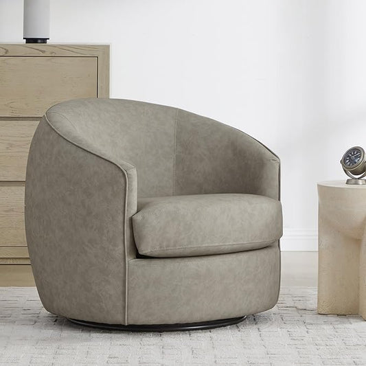 CHITA Swivel Barrel Chair, Modern Comfy FSC Certified Upholstered Faux Leather Accent Chair for Living Room, Fully Assembled, Stone Grey