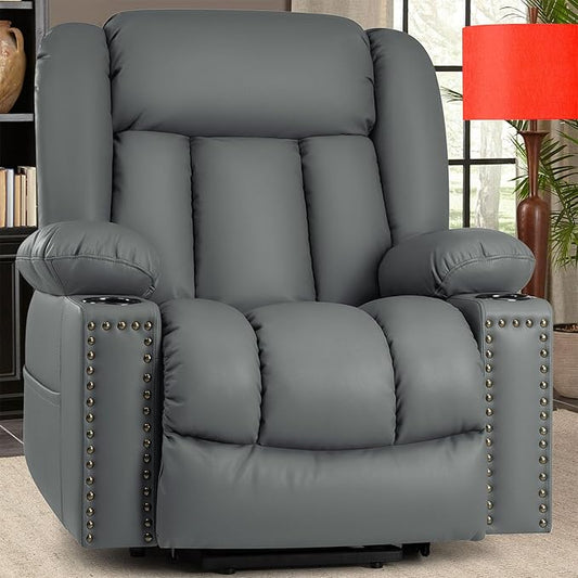 Large Power Lift Chairs Recliners for Elderly with Heated and Massage, Overstuffed Adjustable Lift Chairs, 3 Positions, Breathable Leather, USB-A and USB-C, Cup Holder, Side Pocket, Grey