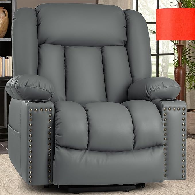 Large Power Lift Chair Recliner for Elderly with Heated and Massage, Overstuffed Adjustable Lift Chair, 3 Position, Breathable Leather, USB-A&USB-C, Cup Holder (Small-7523, Grey)