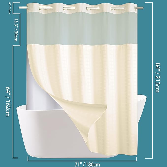 Extra Long No Hook Shower Curtain with Snap in Liner Set, Hotel Luxury Beige Shower Curtains for Bathroom with See Through Top Window, Waterproof, Washable 71W x 84H