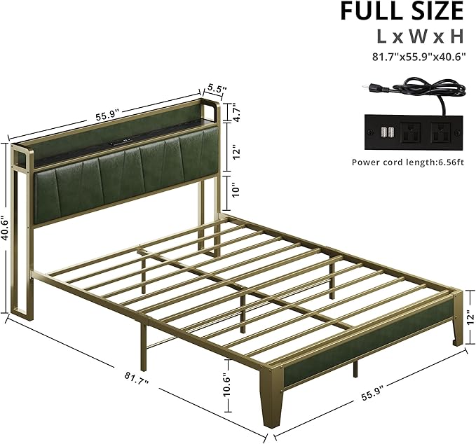 LIKIMIO Full Bed Frame, Storage Headboard with Charging Station, Solid and Stable, Noise Free, No Box Spring Needed, Easy Assembly (Dark Green)