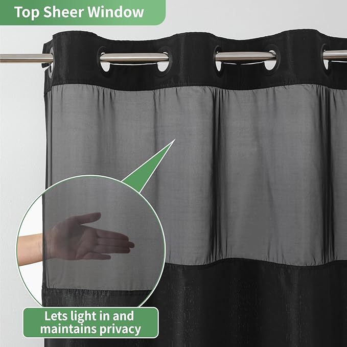 Black Long No Hook Shower Curtain with Snap-in Fabric Liner Set,Slub Textured Fabric Shower Curtains for Bathroom,Hotel Style Modern Shower Curtain,Water Repellent & Washable,71x80(78)