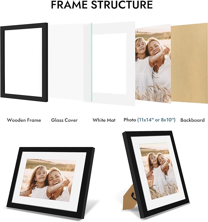 11x14 Picture Frame with Real Glass - 8x10 Wooden Frame with Mat, Horizontal and Vertical Display for Wall or Tabletop (Black, 1 Pack)