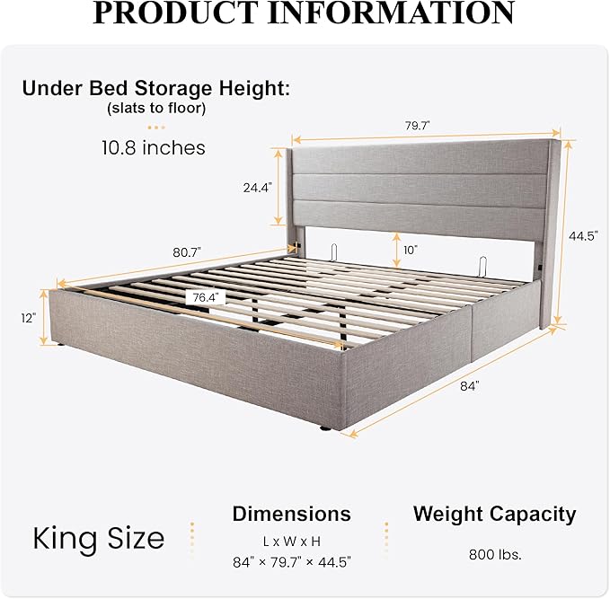 SHA CERLIN King Size Lift Up Storage Bed/Modern Wingback Headboard/Upholstered Platform Bed Frame/Hydraulic Storage/No Box Spring Needed/Wood Slats Support/Light Beige