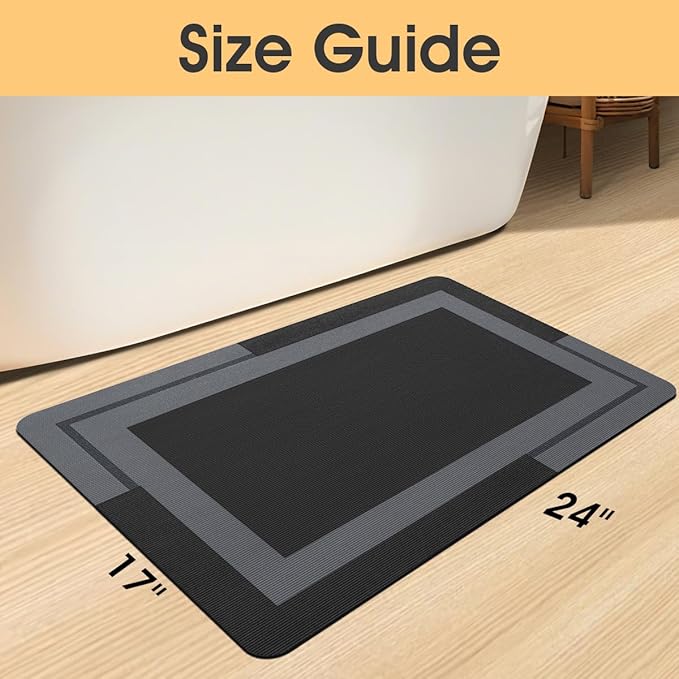 Ultra Thin Bath Mats Fit Under Door, Upgrade Backing Non Slip Bath Mat, Quick Dry Ultra Absorbent Bath Mat, Machine Washable Bathroom Rugs for Bathroom Floor, Bathtub, Kitchen, Black, 24"x17"