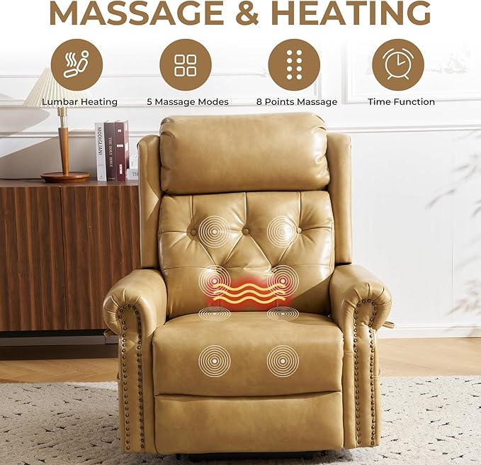 Large Power Lift Recliner Chair for Elderly, Oversized Lay Flat Recliner with Massage and Heat, Electric Lift Chair with Adjustable Headrest, Extended Footrest, USB Ports, Beige